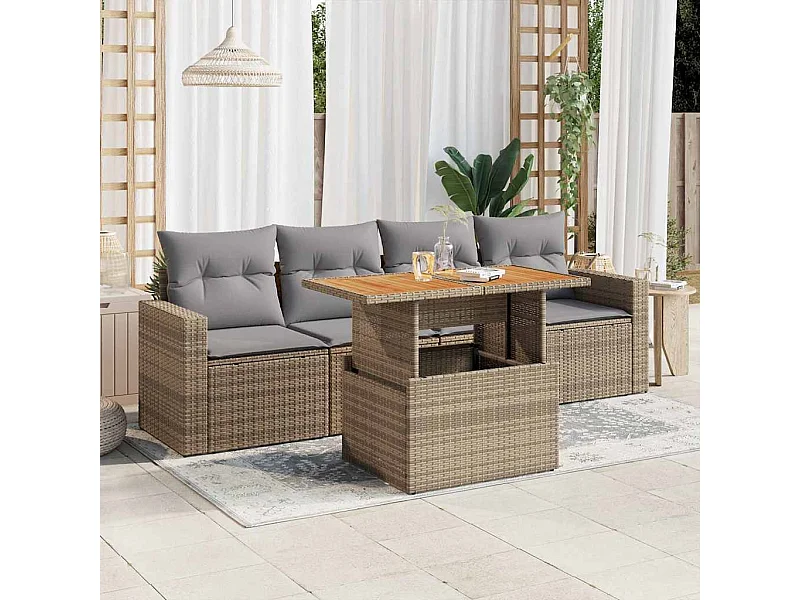 5-tlg. Garten-Sofagarnitur mit Kissen Beige Poly Rattan