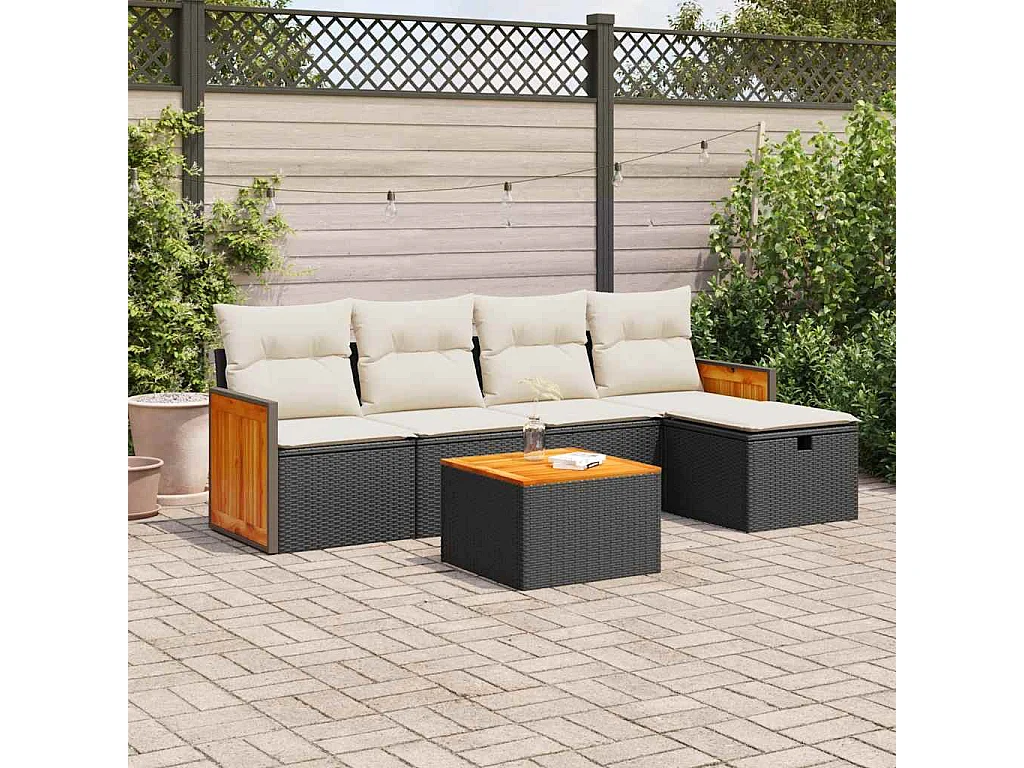 Set de sofás de jardín 6 piezas y cojines ratán sintético negro