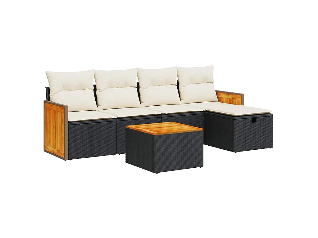 6-delige Loungeset met kussens poly rattan zwart