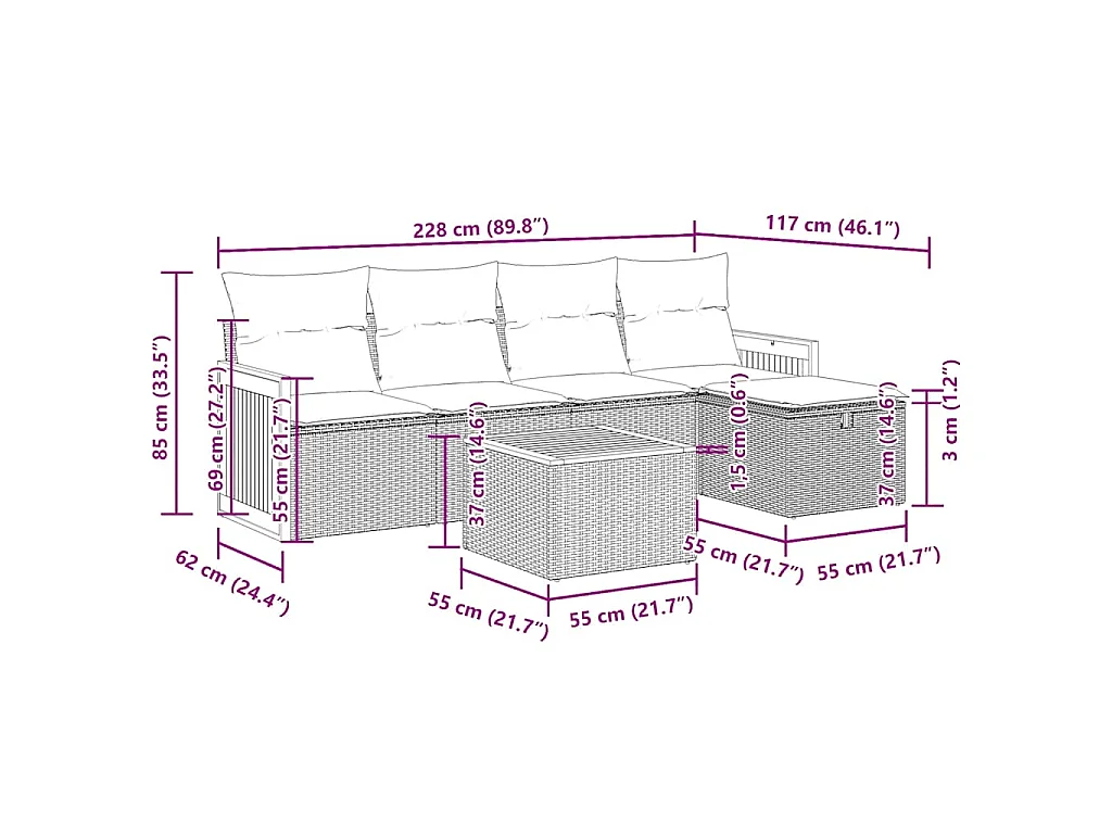 6-delige Loungeset met kussens poly rattan zwart