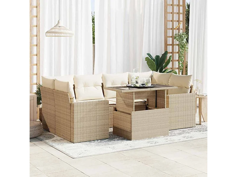7-tlg. Garten-Sofagarnitur mit Kissen Beige Poly Rattan