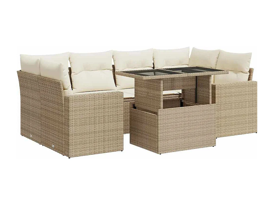 7-tlg. Garten-Sofagarnitur mit Kissen Beige Poly Rattan