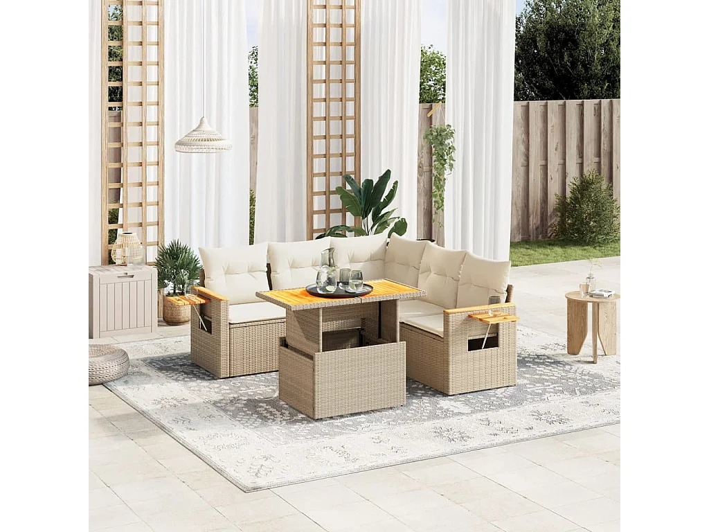 Set Divano da Giardino 6 pz con Cuscini Beige in Polyrattan
