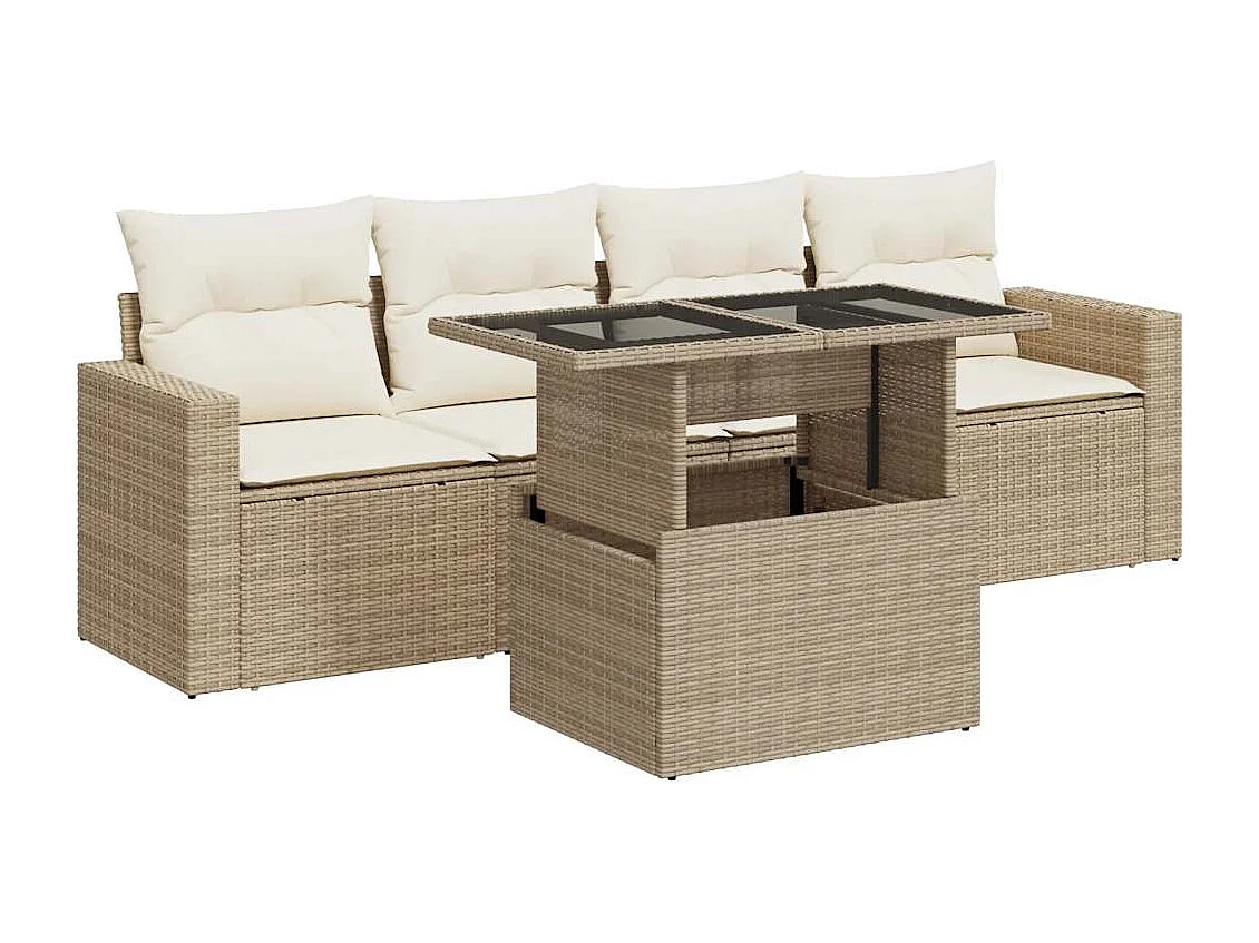 Set Divano da Giardino 5 pz con Cuscini Beige in Polyrattan