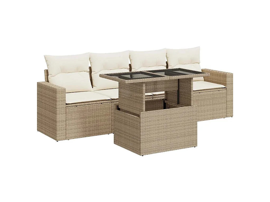 5-tlg. Garten-Sofagarnitur mit Kissen Beige Poly Rattan