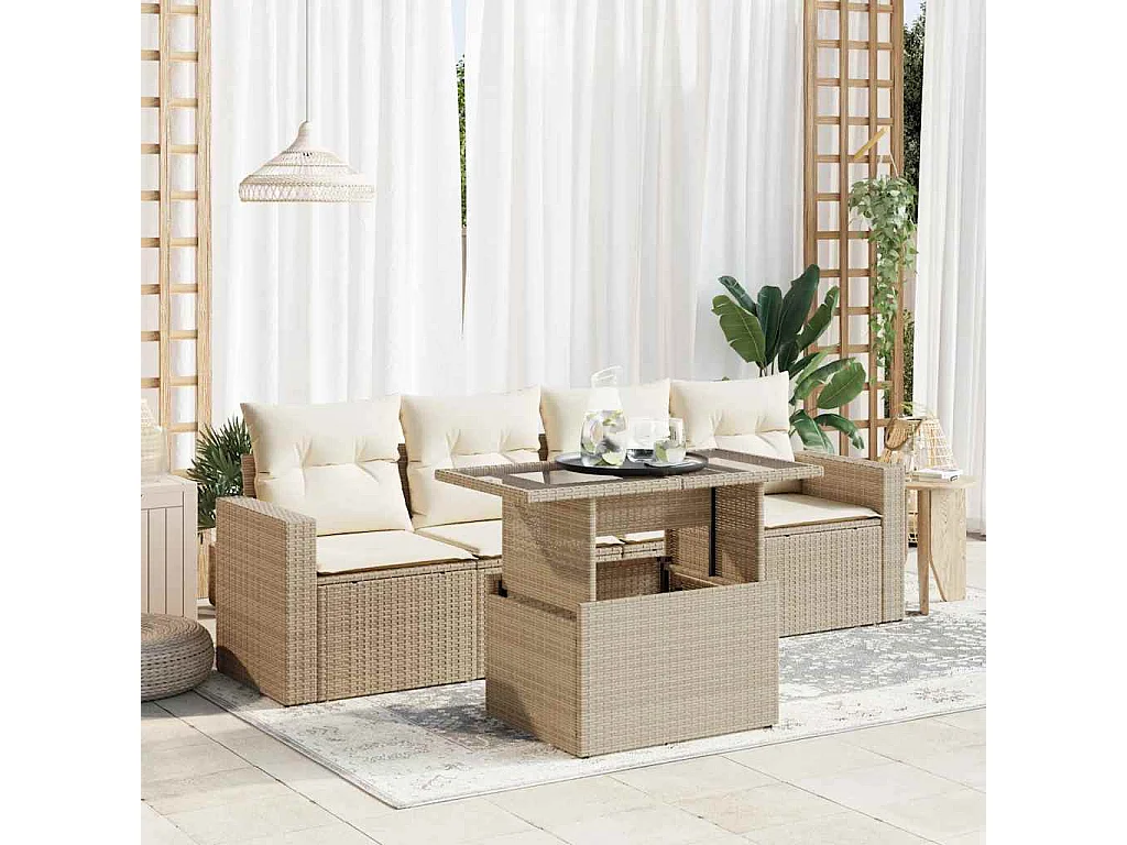 5-tlg. Garten-Sofagarnitur mit Kissen Beige Poly Rattan