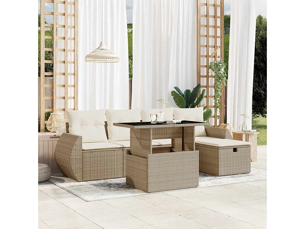 6-tlg. Garten-Sofagarnitur mit Kissen Beige Poly Rattan