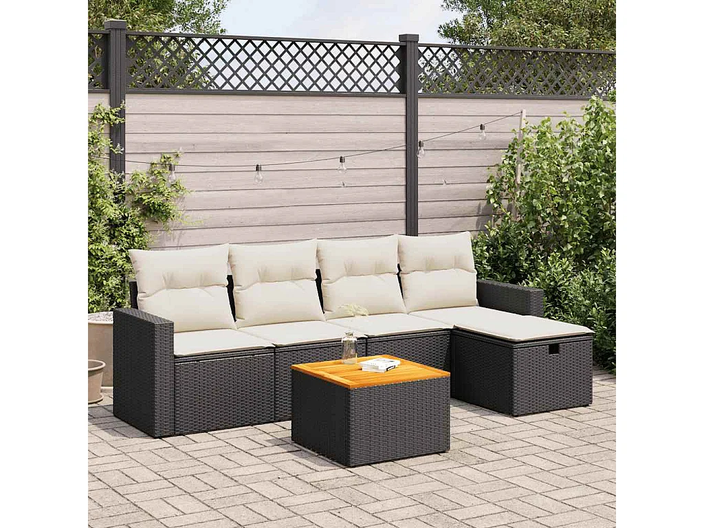 Set de sofás de jardín 6 piezas y cojines ratán sintético negro