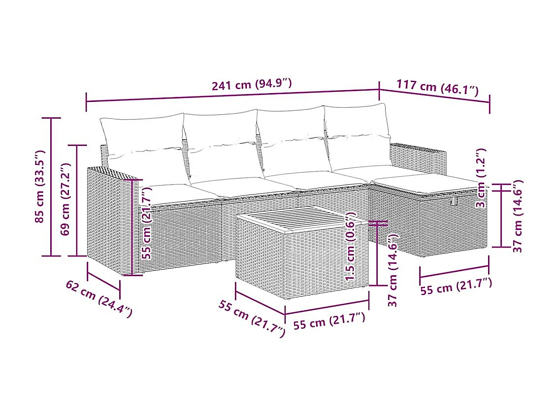 Set de sofás de jardín 6 piezas y cojines ratán sintético negro