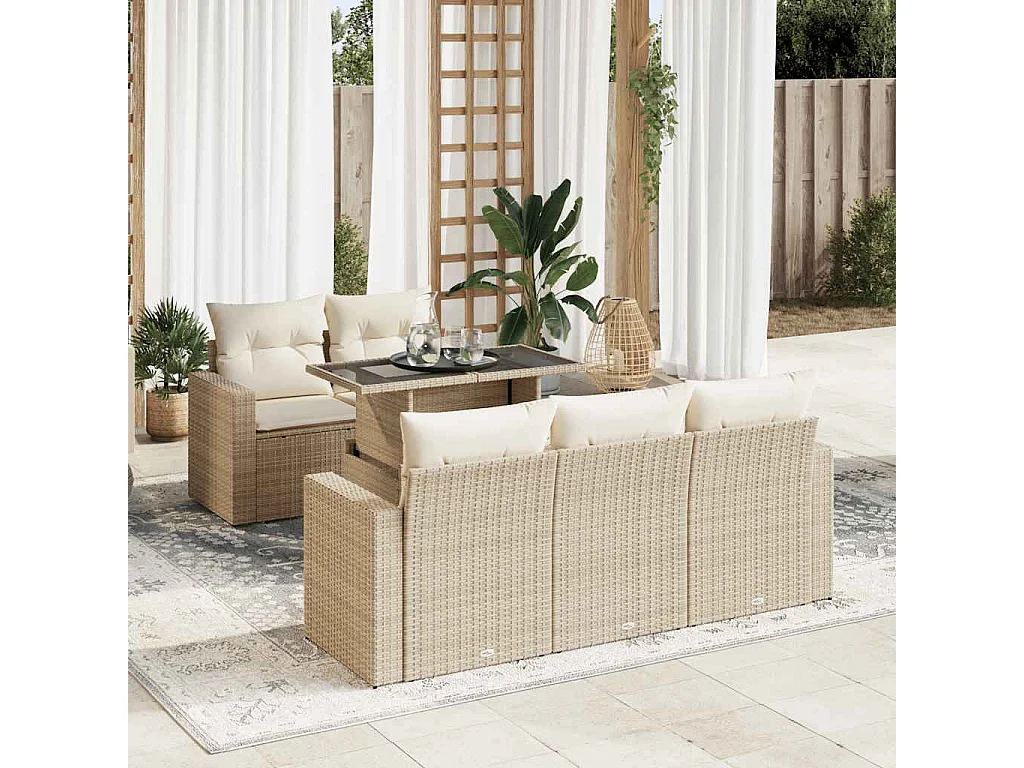 6-tlg. Garten-Sofagarnitur mit Kissen Beige Poly Rattan