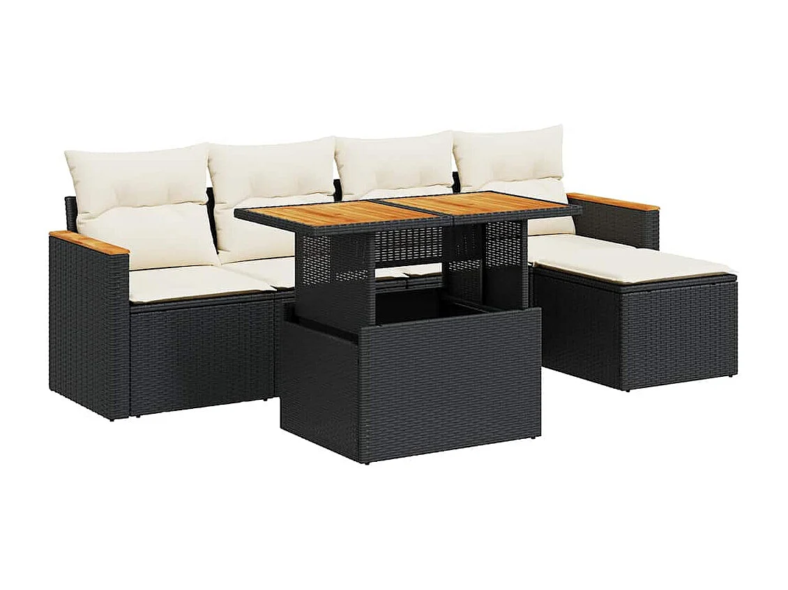 Set Divano da Giardino 6 pz con Cuscini Nero Polyrattan Acacia