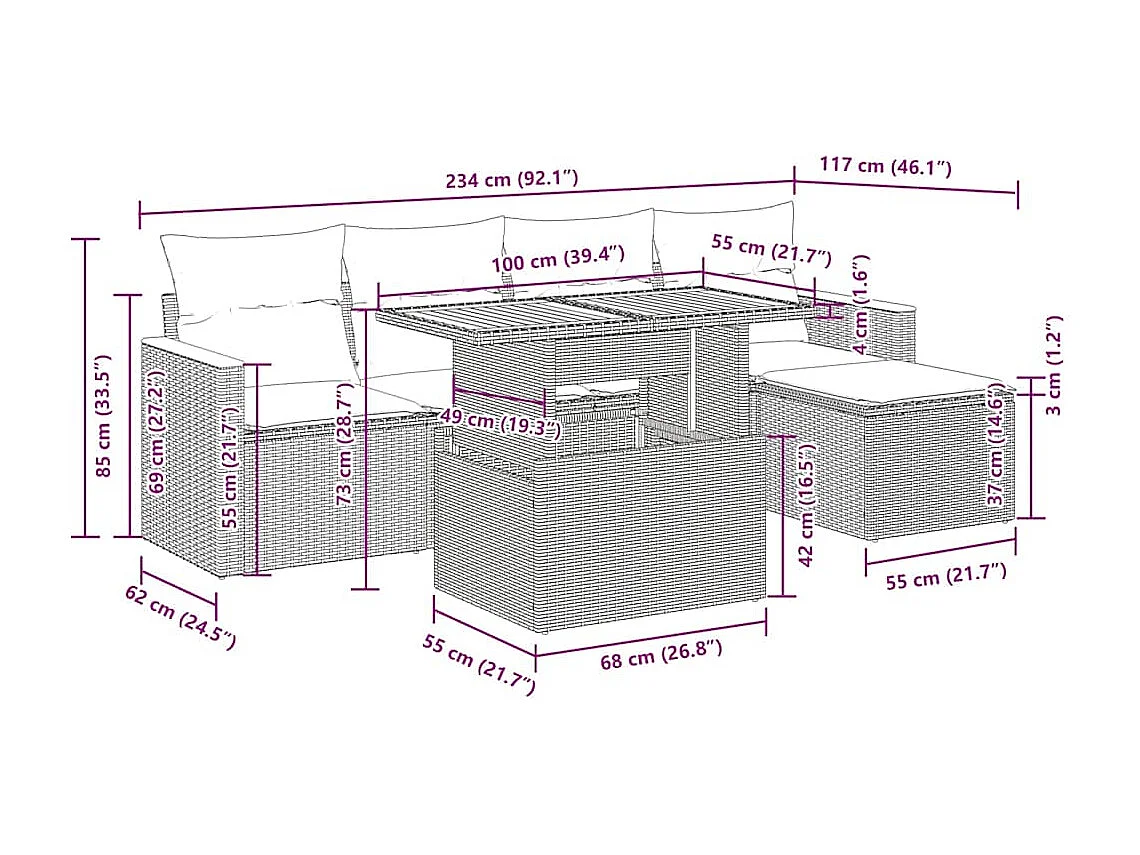 Set Divano da Giardino 6 pz con Cuscini Nero Polyrattan Acacia