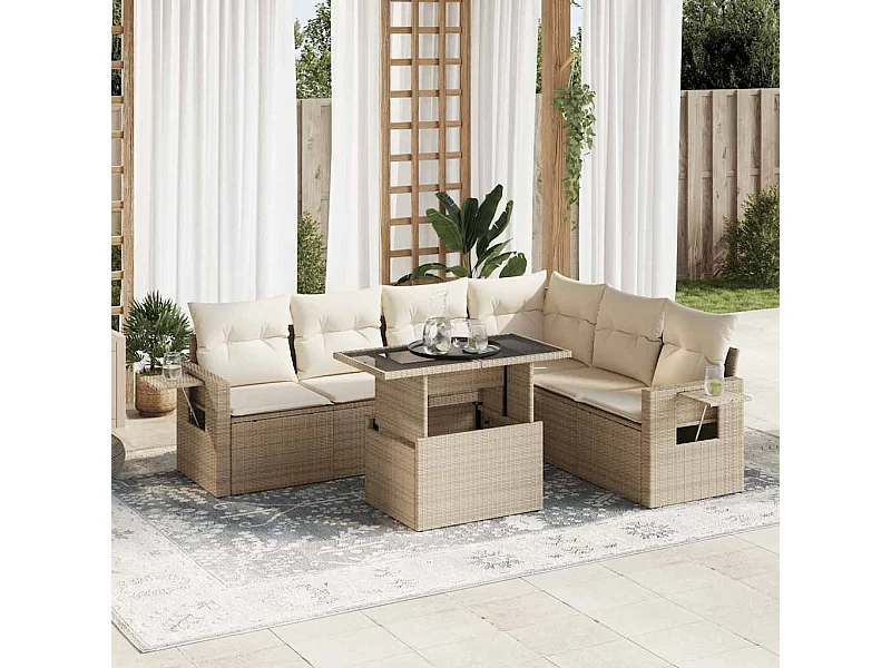 Salon de jardin avec coussins 7 pcs beige résine tressée