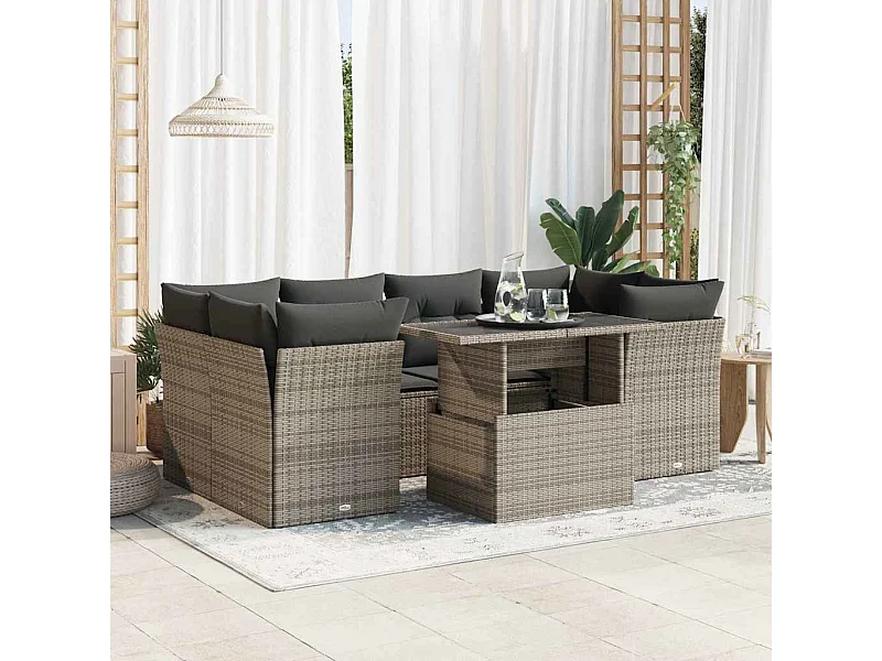 Salon de jardin avec coussins 7 pcs gris résine tressée