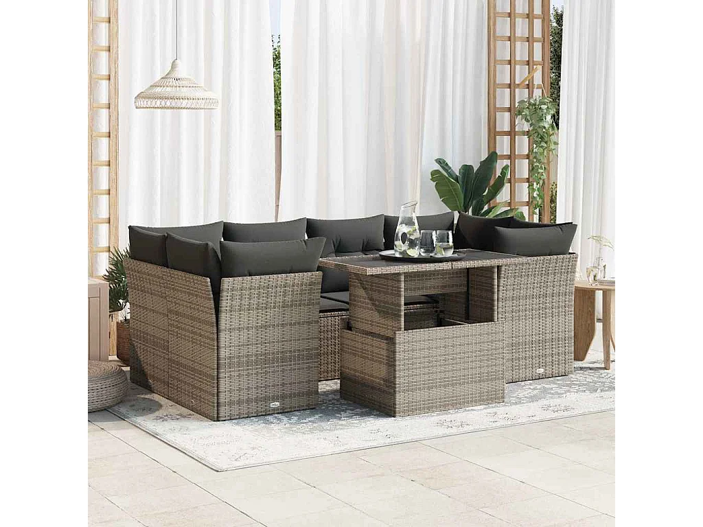 Set Divani da Giardino 7 pz con Cuscini Grigio in Polyrattan
