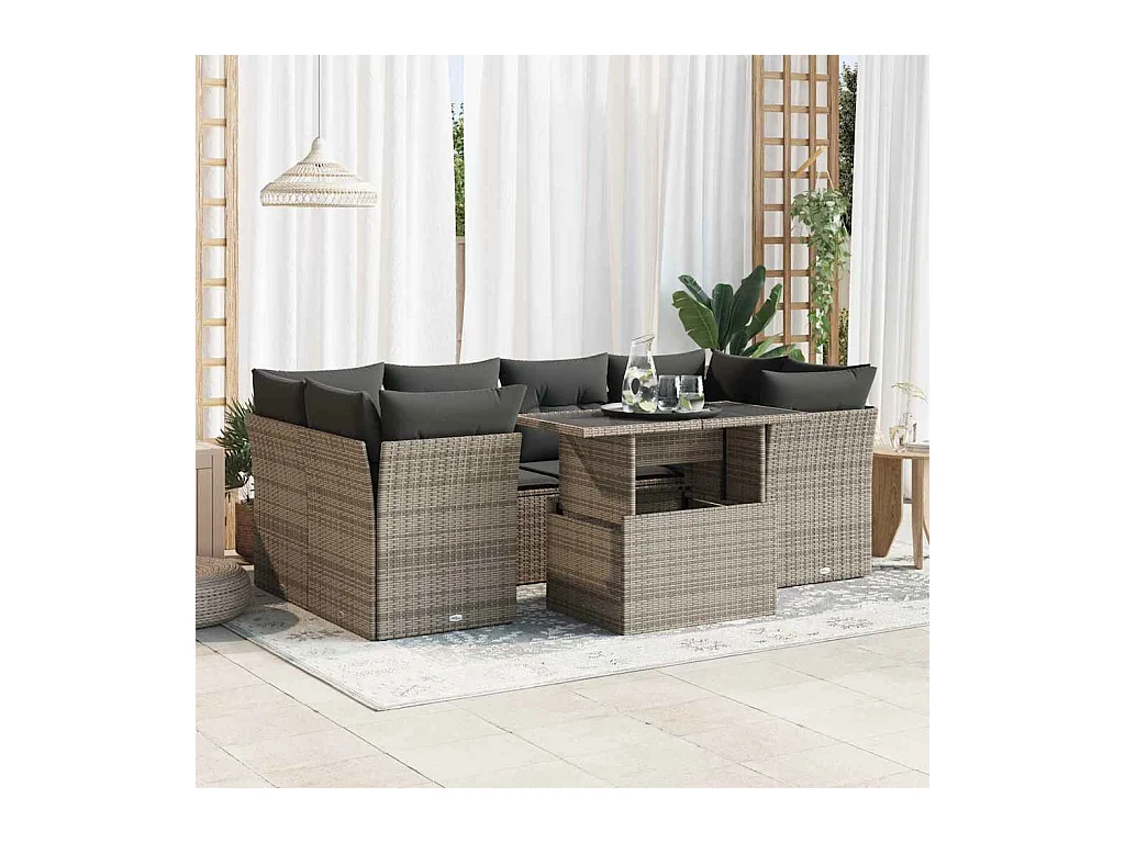 Salon de jardin avec coussins 7 pcs gris résine tressée