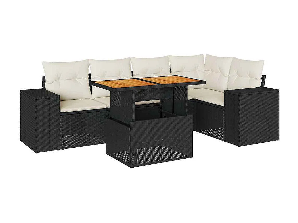 Salon de jardin 6 pcs avec coussins noir résine tressée