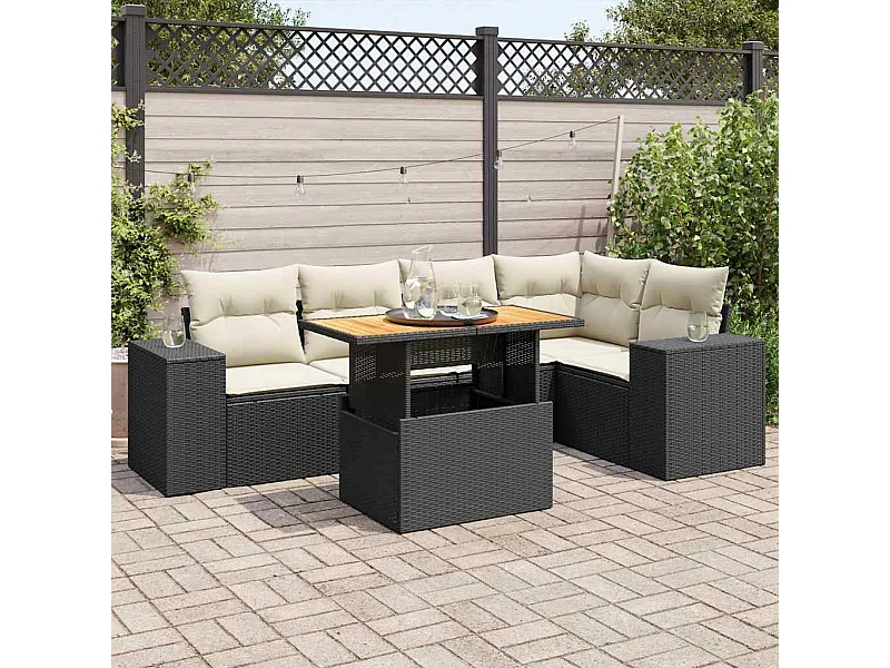 Salon de jardin 6 pcs avec coussins noir résine tressée