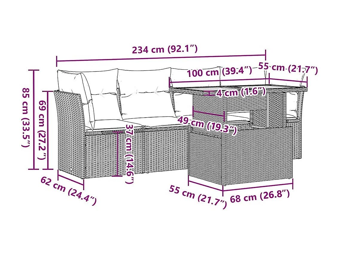 5 pcs conjunto sofás de jardim c/ almofadões vime PE cinzento