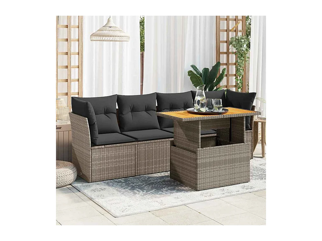 Salon de jardin 5 pcs avec coussins gris résine tressée