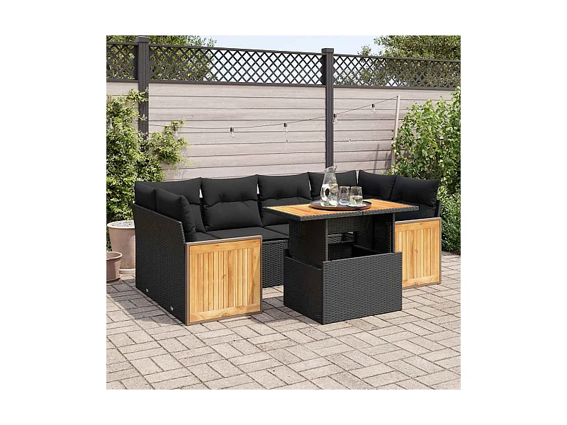 Set Divani da Giardino con Cuscini 7pz Nero Polyrattan Acacia