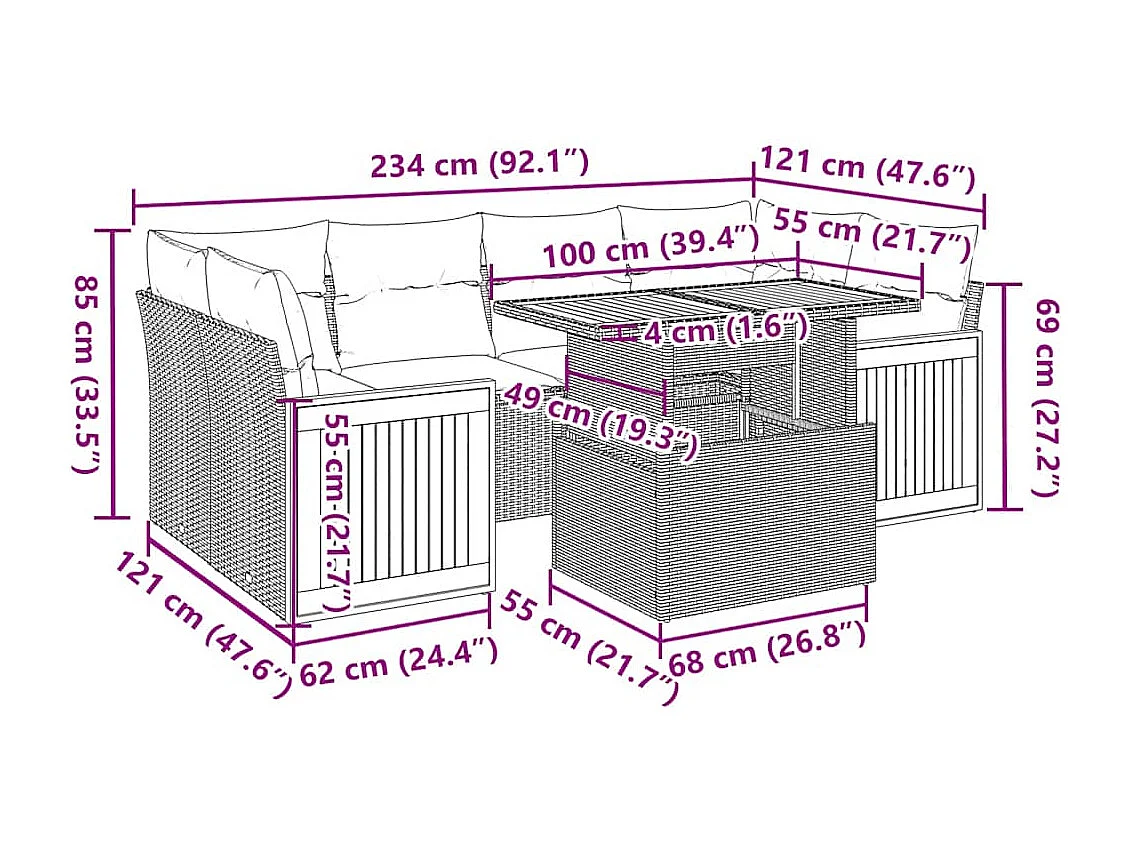 Set Divani da Giardino con Cuscini 7pz Nero Polyrattan Acacia
