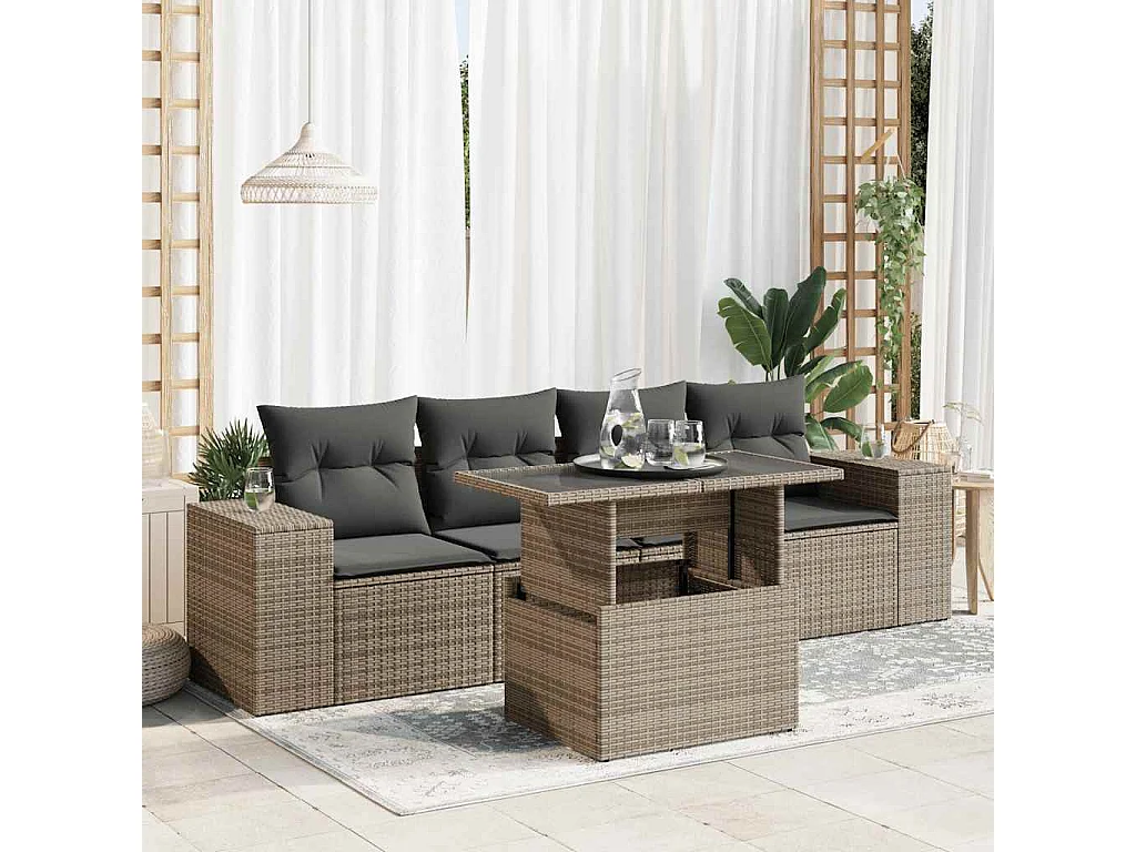 5-tlg. Garten-Sofagarnitur mit Kissen Grau Poly Rattan