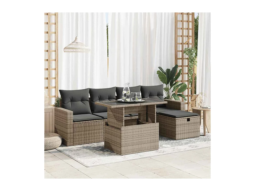 Set Divano da Giardino 6 pz con Cuscini Grigio in Polyrattan