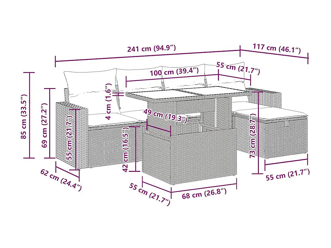 6 pcs conjunto sofás de jardim com almofadões vime cinzento