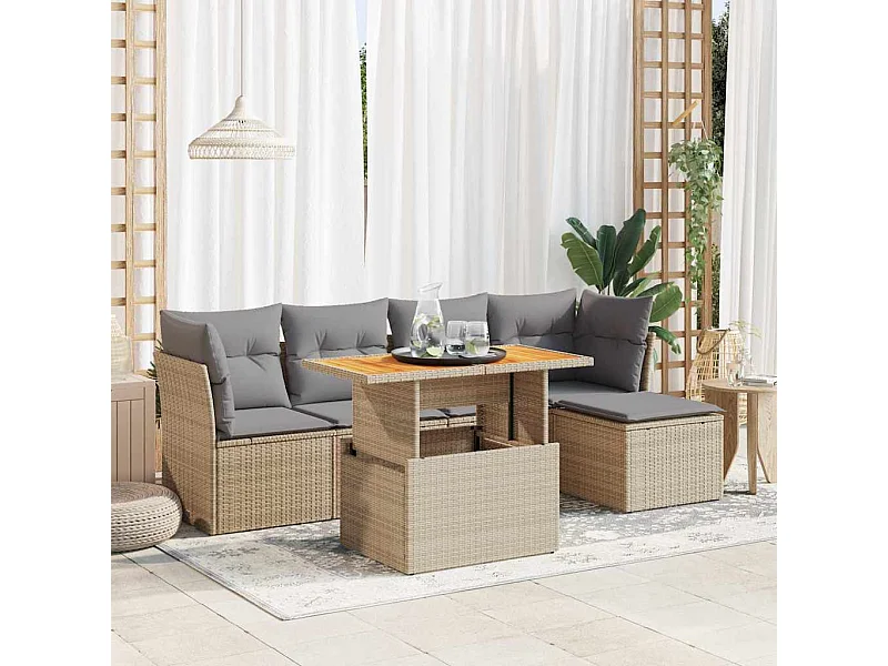 6-tlg. Garten-Sofagarnitur mit Kissen Beige Poly Rattan