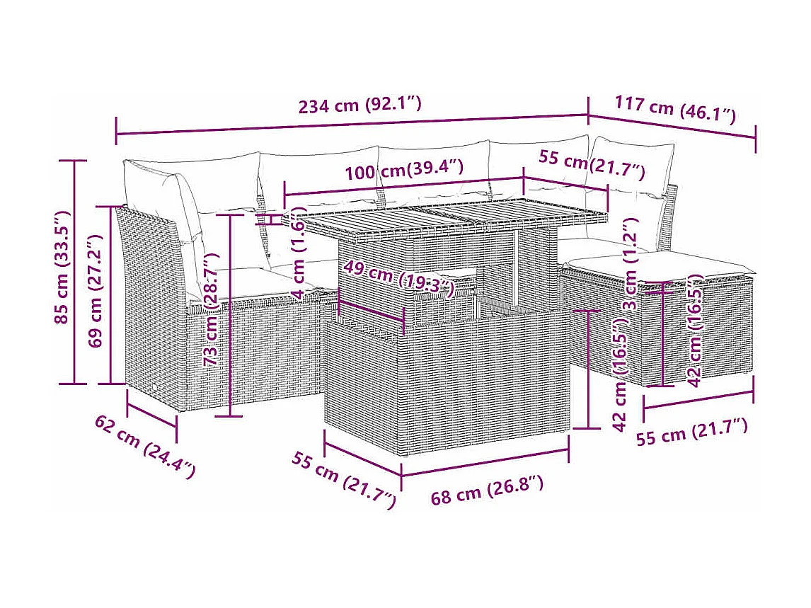 6-delige Loungeset met kussens poly rattan beige