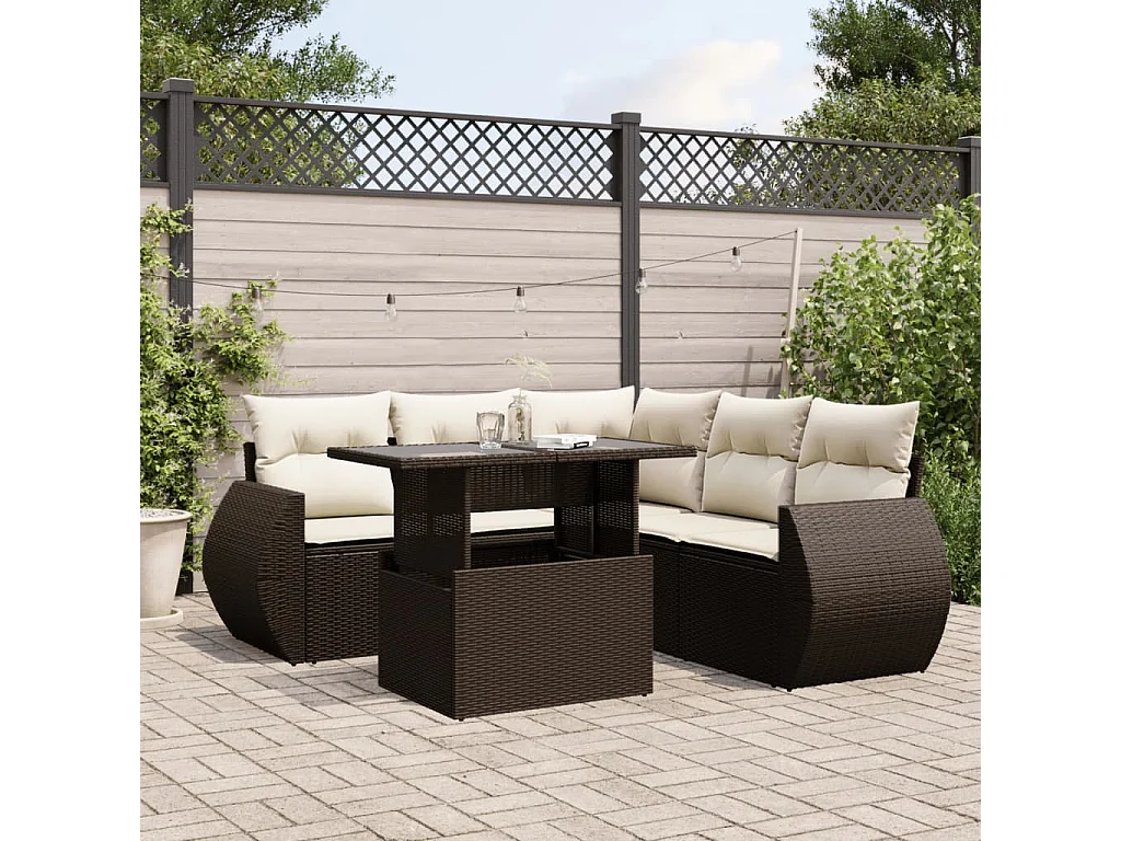 6-delige Loungeset met kussens poly rattan bruin