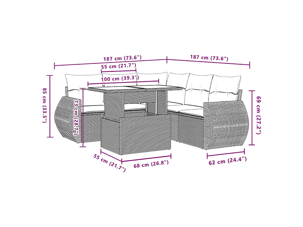 6-delige Loungeset met kussens poly rattan bruin