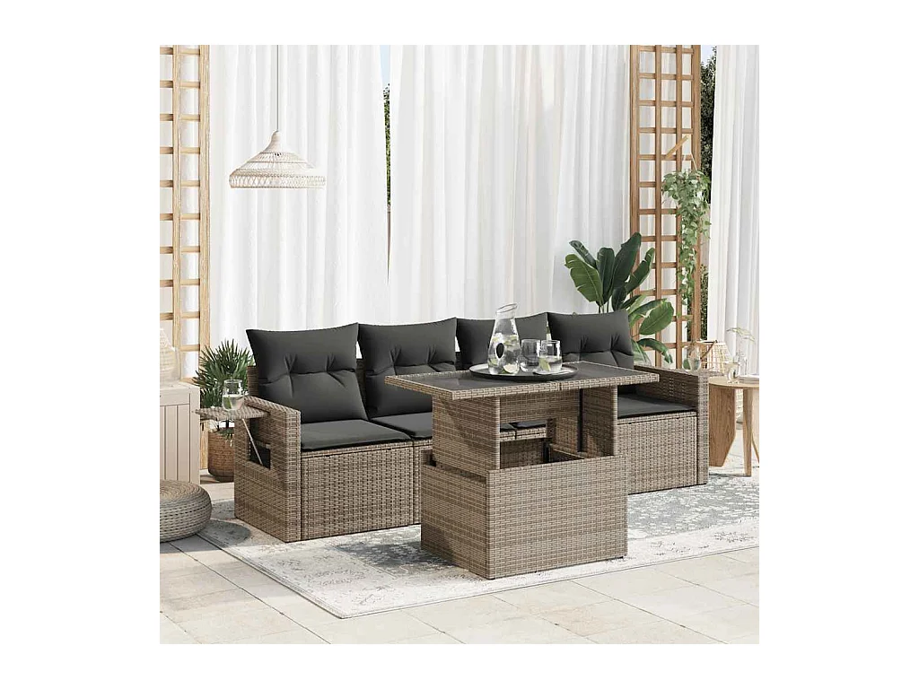 Salon de jardin 5 pcs avec coussins gris résine tressée