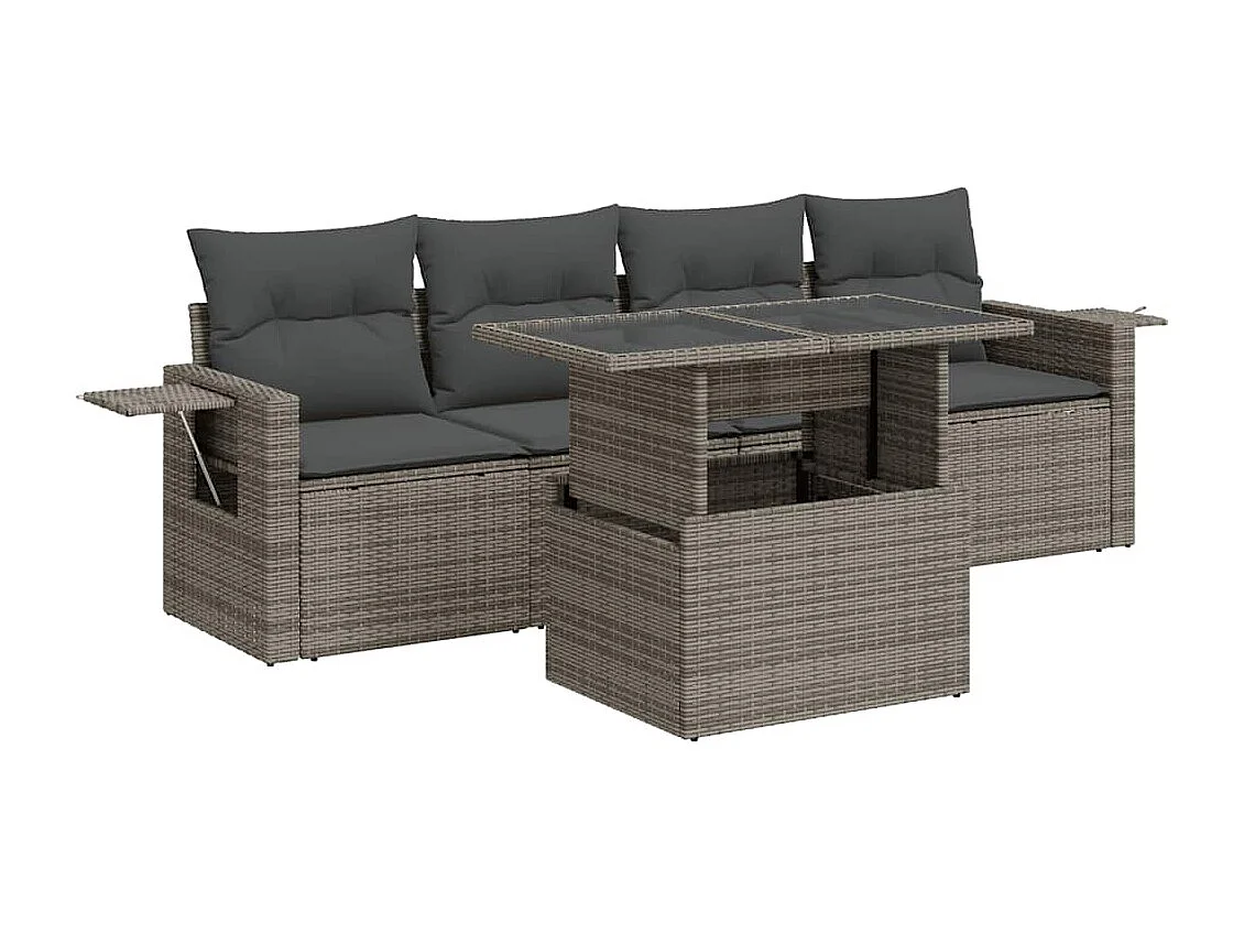 5 pcs conjunto sofás de jardim c/ almofadões vime PE cinzento