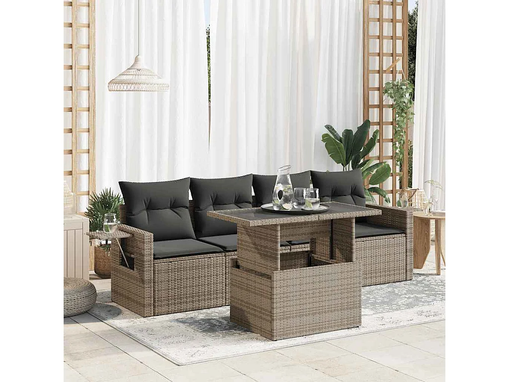 5 pcs conjunto sofás de jardim c/ almofadões vime PE cinzento