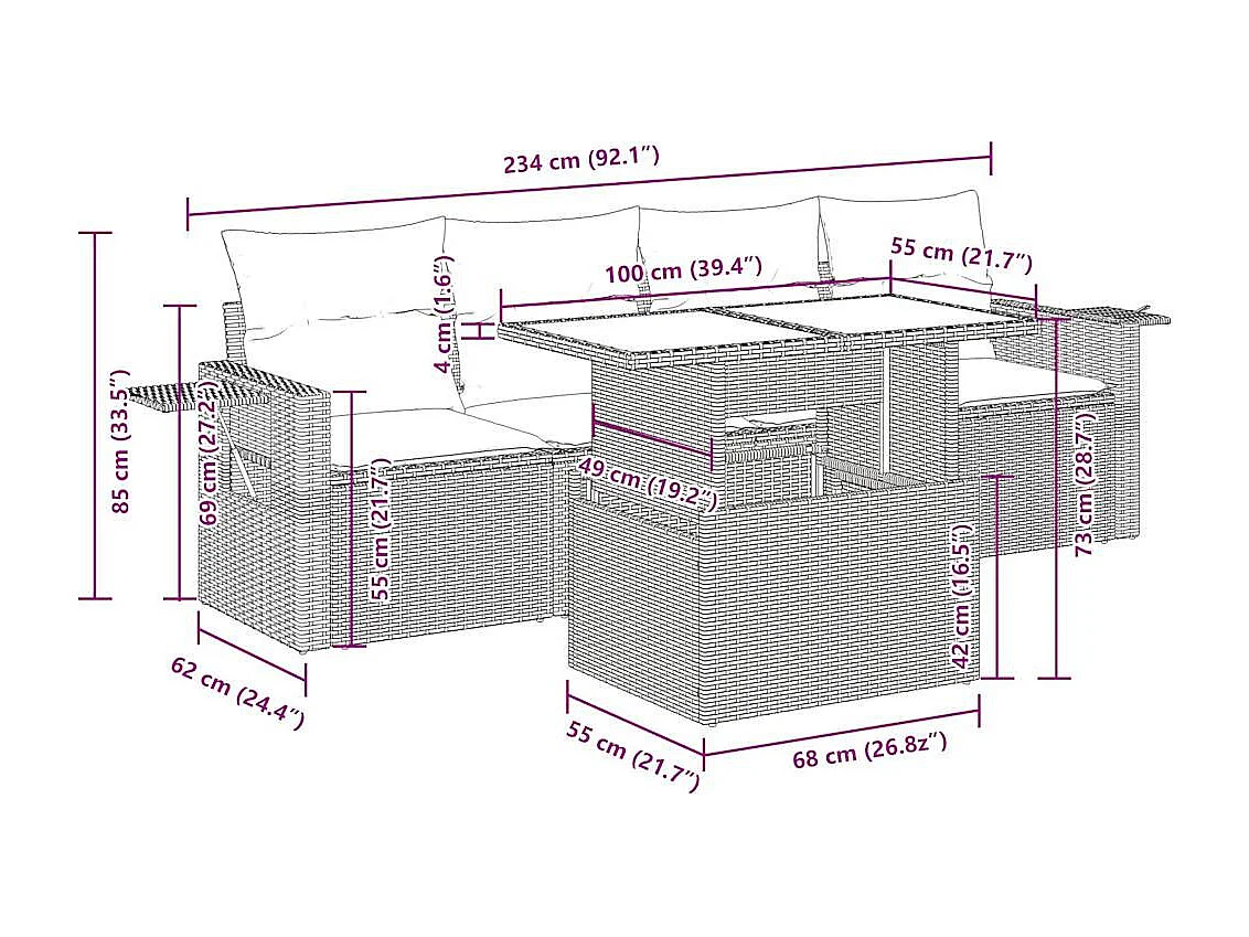 5 pcs conjunto sofás de jardim c/ almofadões vime PE cinzento