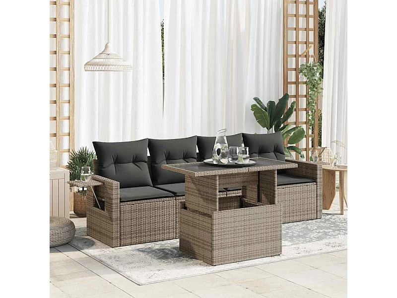 5-tlg. Garten-Sofagarnitur mit Kissen Grau Poly Rattan