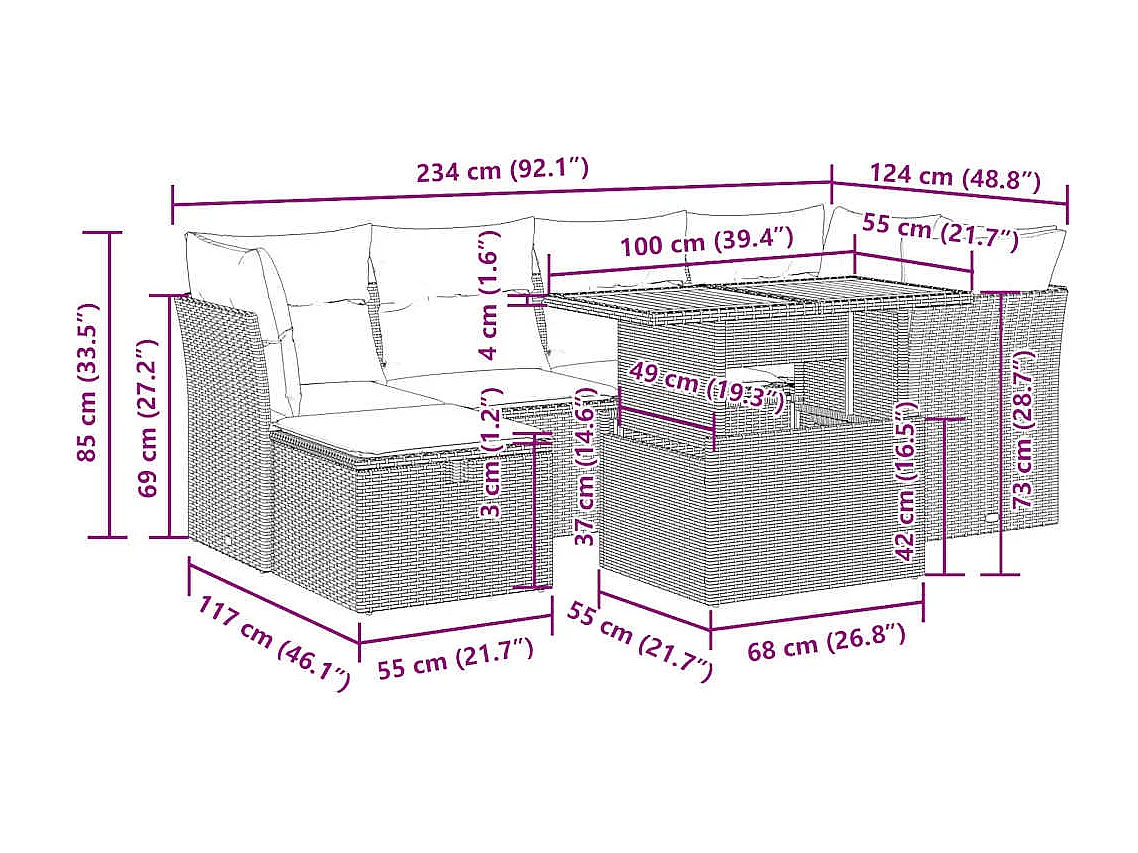 7 pcs conjunto sofás jardim c/ almofadões vime PE/acácia preto
