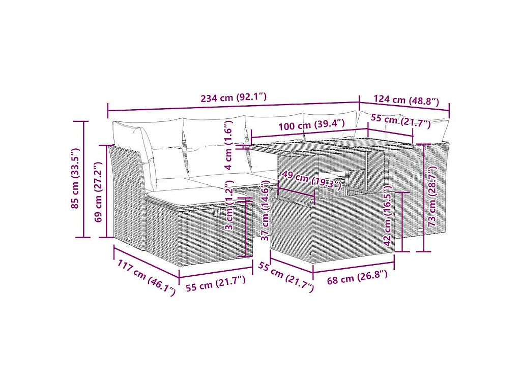 7-tlg. Garten-Sofagarnitur mit Kissen Schwarz Poly Rattan