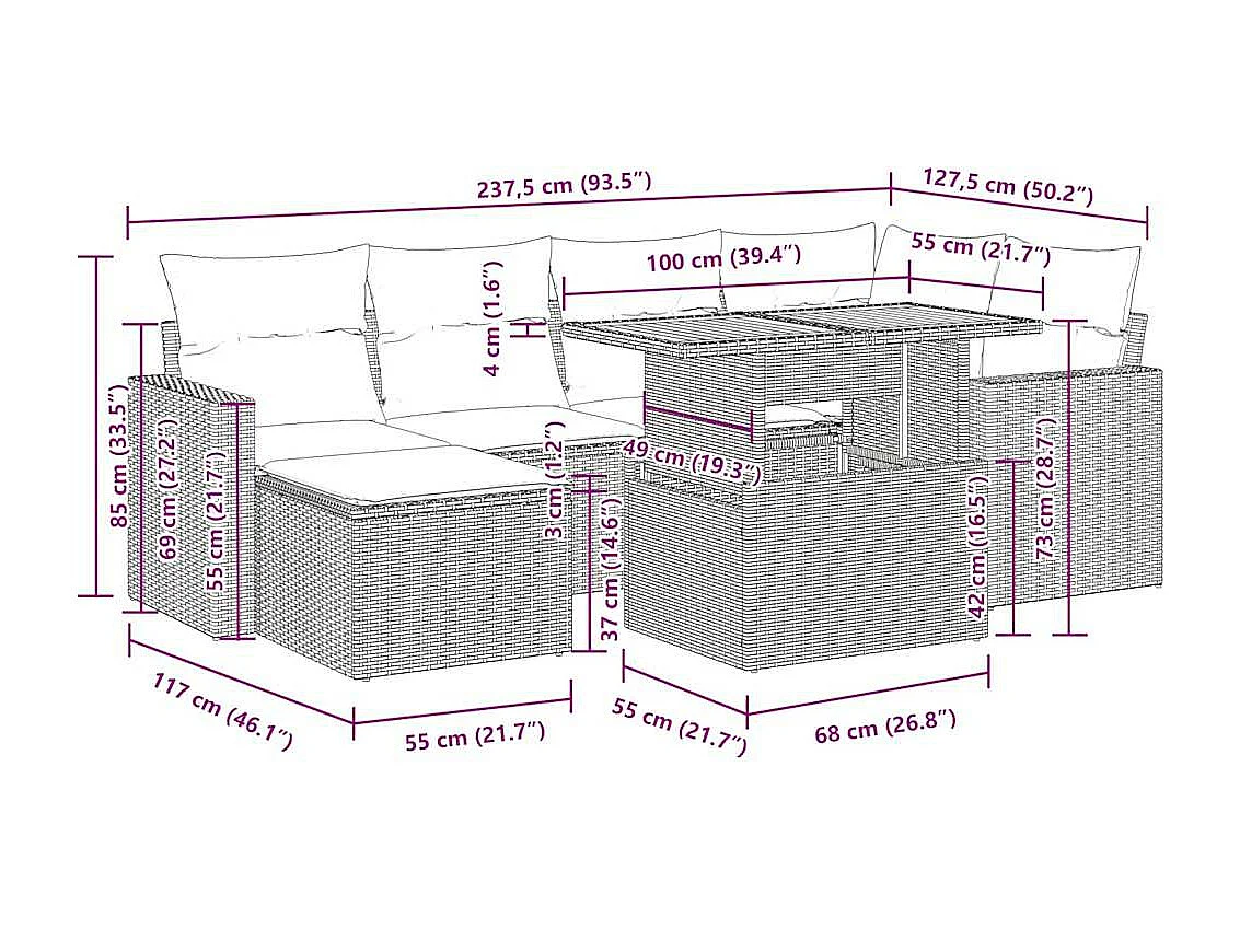 Set de sofás de jardín 7 pzas con cojines ratán sintético negro