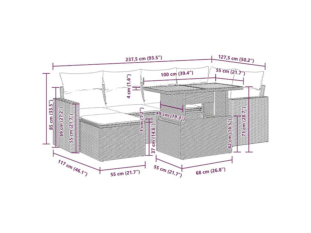 Set Divani da Giardino con Cuscini 7pz Nero Polyrattan