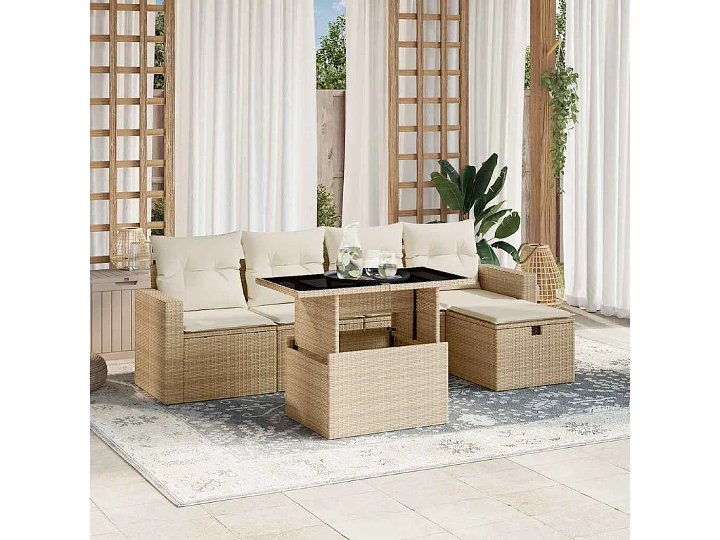 6 pcs conjunto de sofás p/ jardim com almofadões vime PE bege