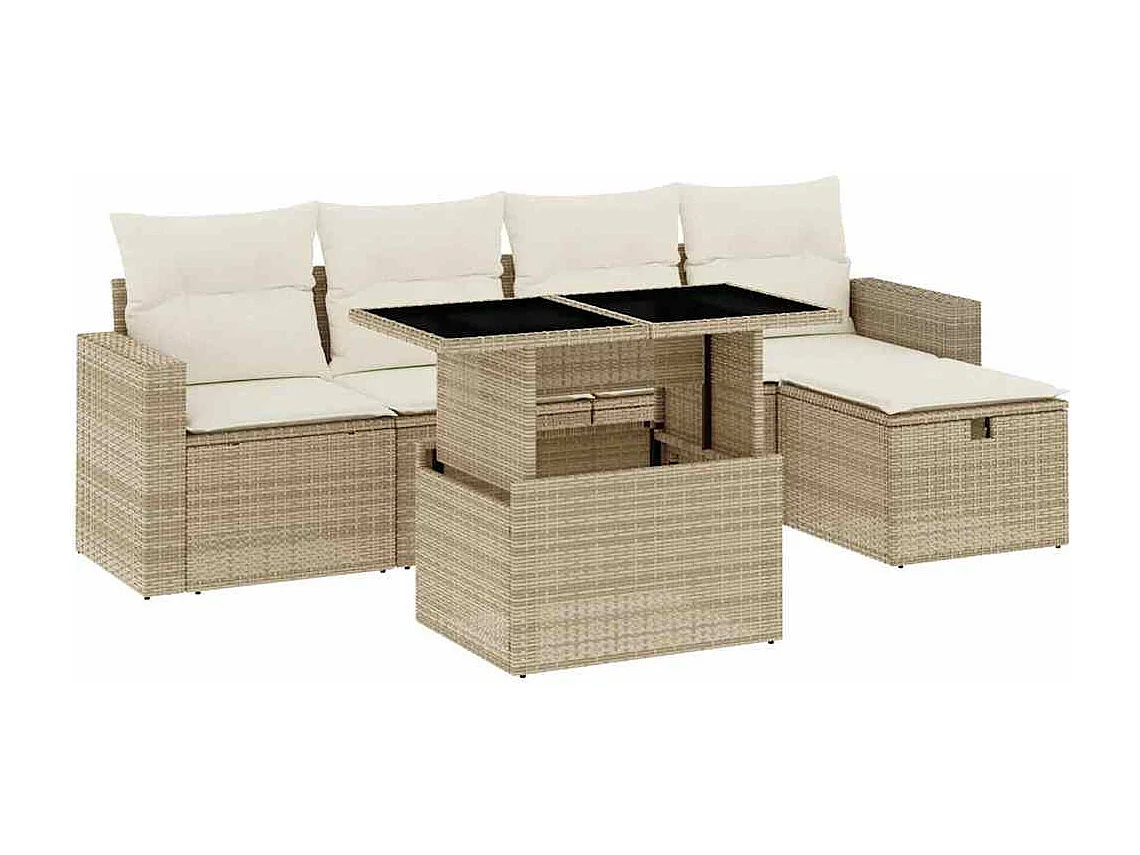 6 pcs conjunto de sofás p/ jardim com almofadões vime PE bege