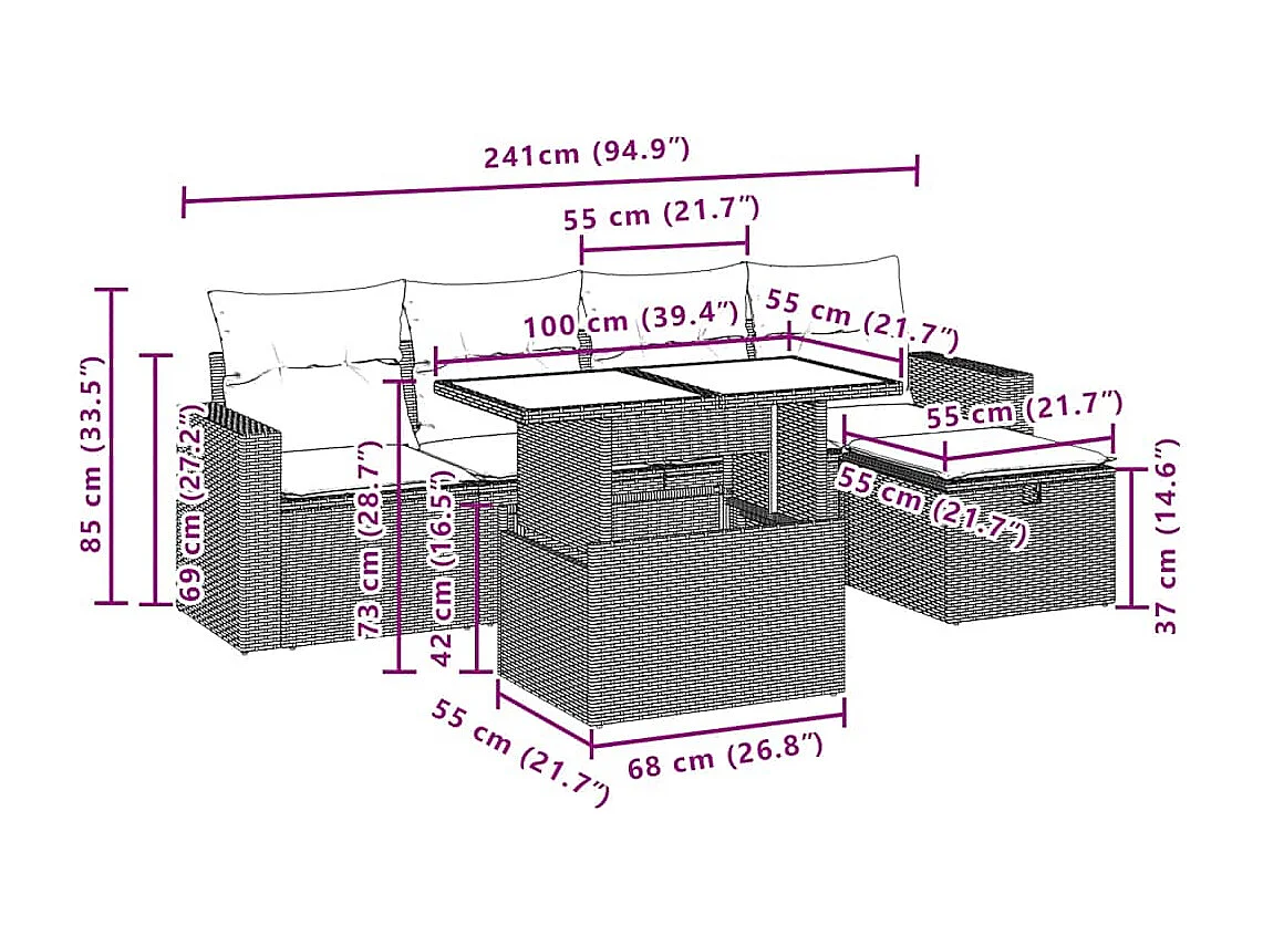6 pcs conjunto de sofás p/ jardim com almofadões vime PE bege