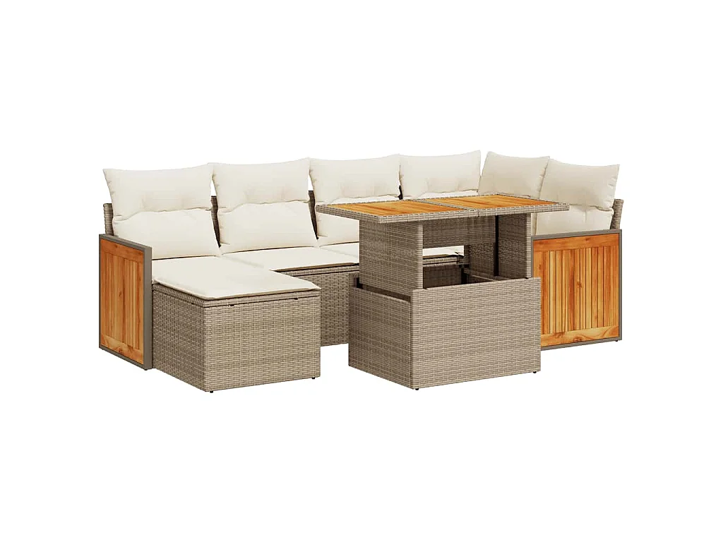 Set Divani da Giardino 7 pz con Cuscini Beige Polyrattan Acacia