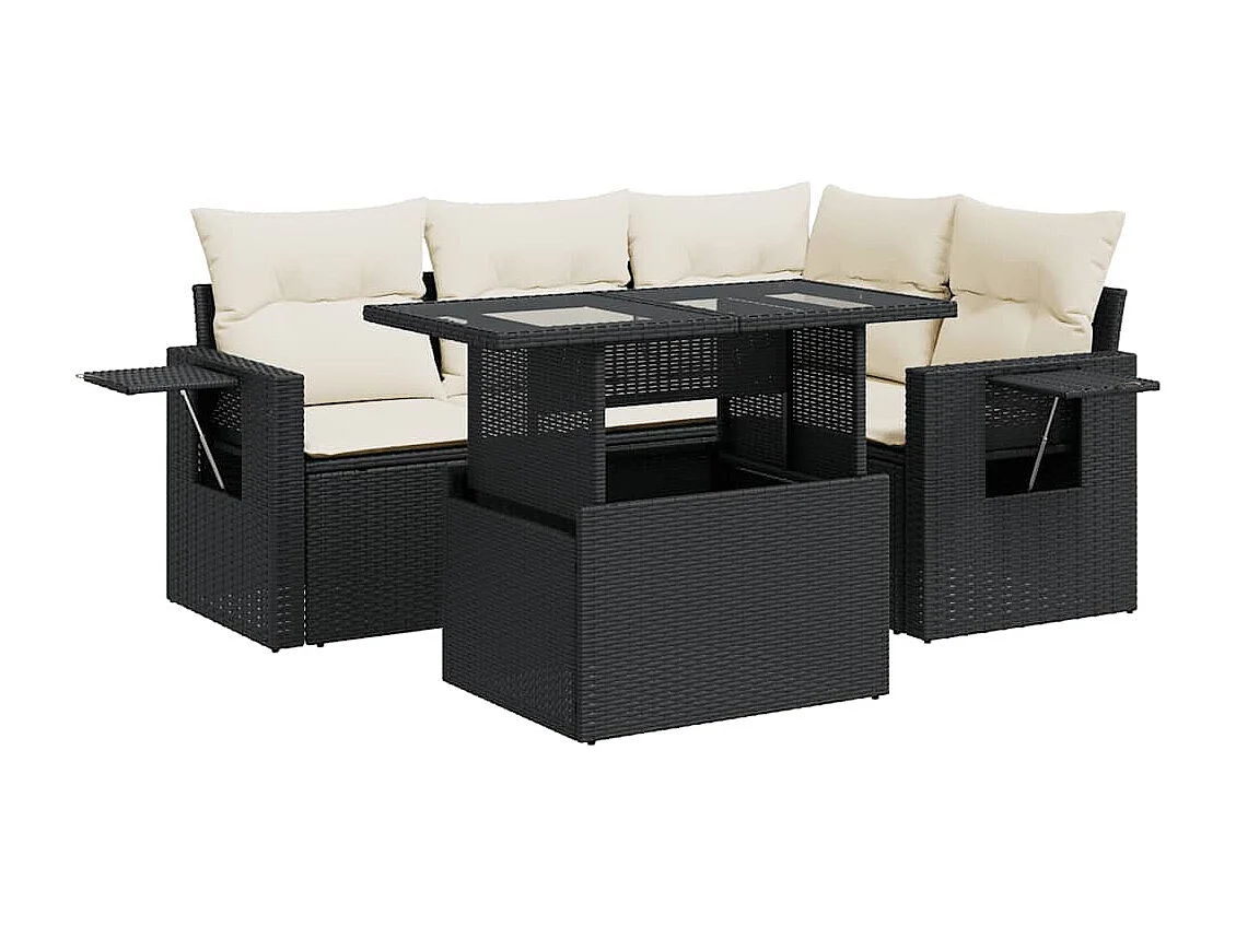 5-tlg. Garten-Sofagarnitur mit Kissen Schwarz Poly Rattan