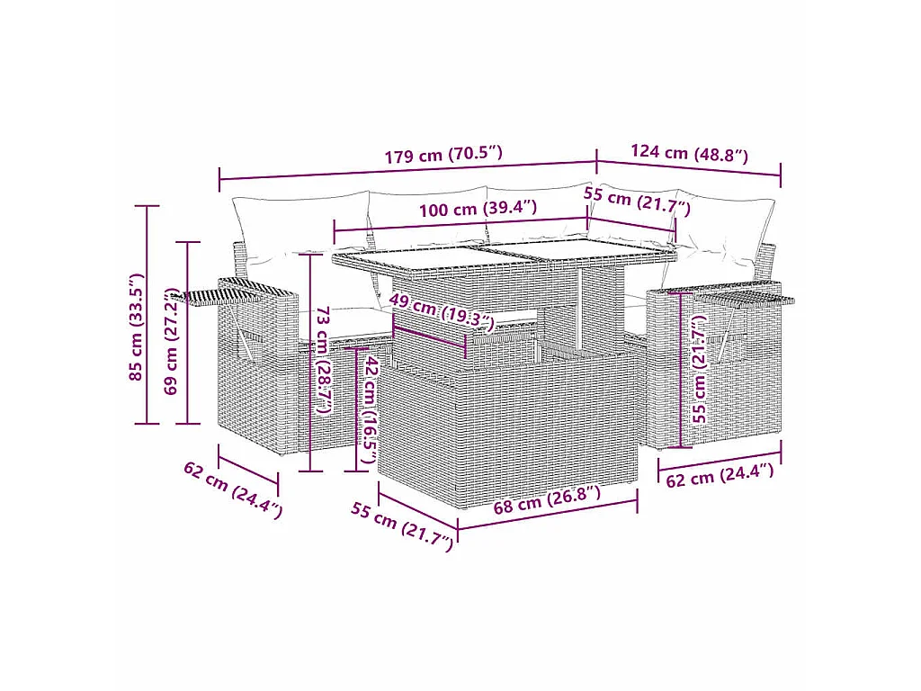 Set de muebles de jardín 5 pzas y cojines ratán sintético negro