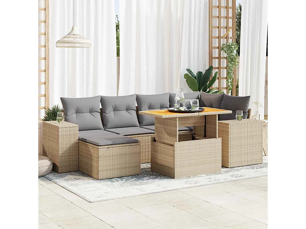 Salon de jardin avec coussins 7 pcs beige résine tressée