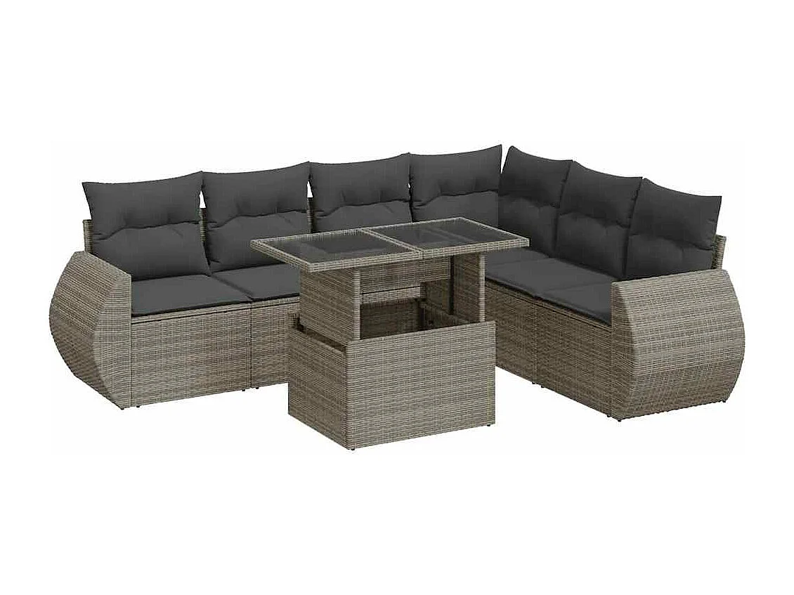 7 pcs conjunto sofás p/ jardim c/ almofadões vime PE cinzento